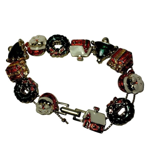 Christmas Charm Bracelet Holiday Fashion Santa Wreath Cabin Marked SP Gold Tone - Picture 6 of 13